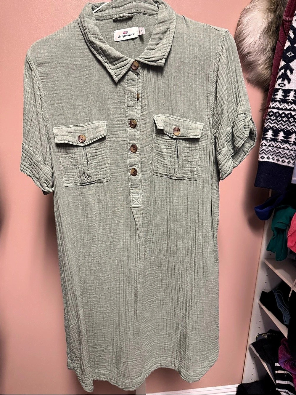 Vineyard Vines Margo Double Gauze Shirt Dress Green 14